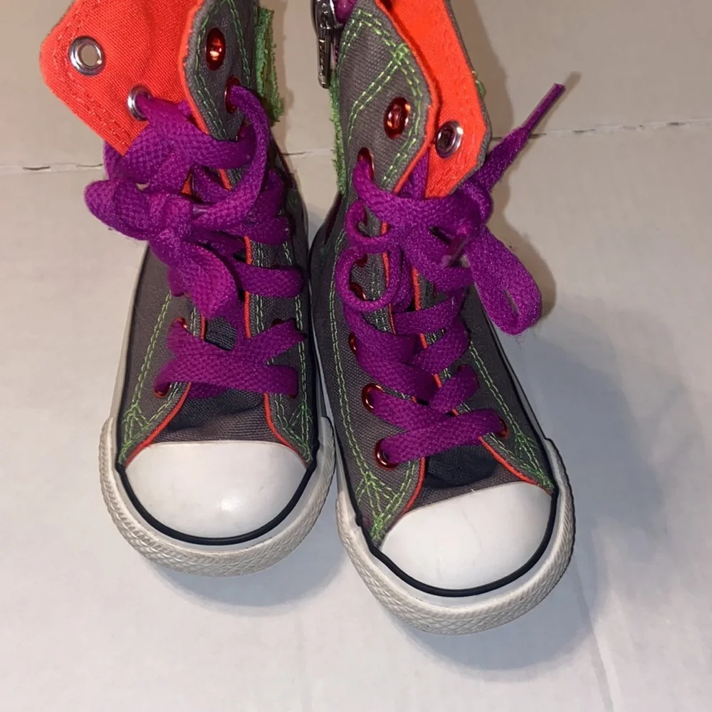 Converse All Star gray, orange, neon green, and purple high top sneakers size 5